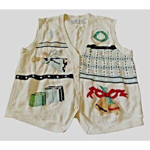 Vintage The Villager Holiday Knit Vest With Festive Christmas Design Buttons Wom